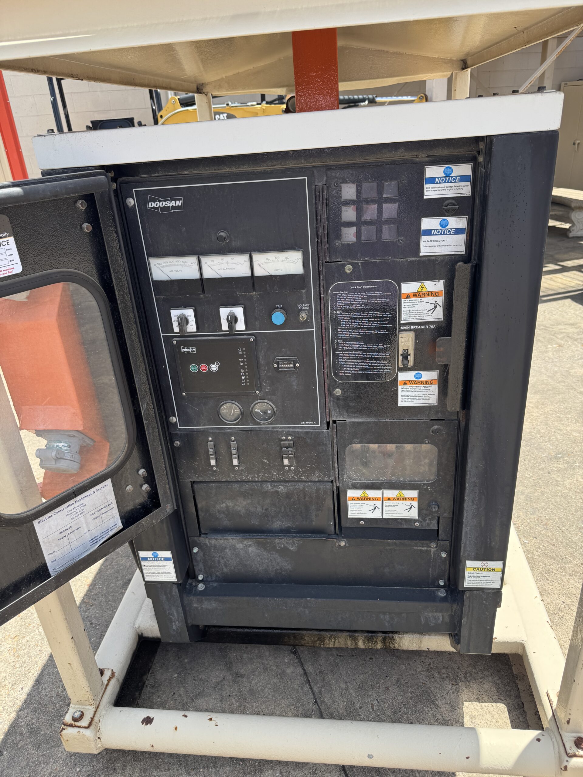 Side view, up close view of used Doosan G25 20KW skid generator #7678 for sale in Houston, TX