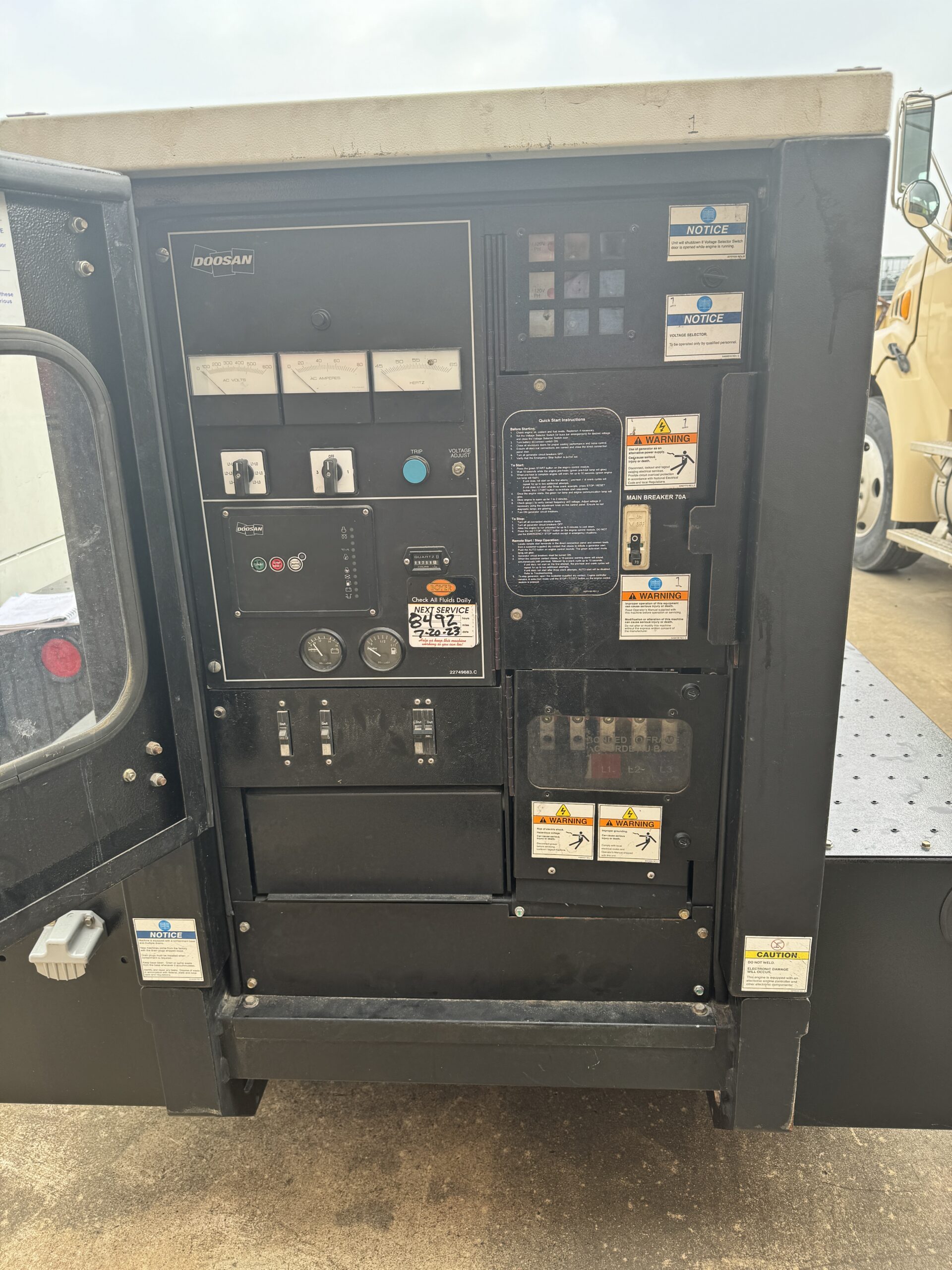 Control panel of used 2017 Doosan 30KW trailer generator for sale, Mobile power unit 7824 with 8259 hours for sale in Houston, TX.